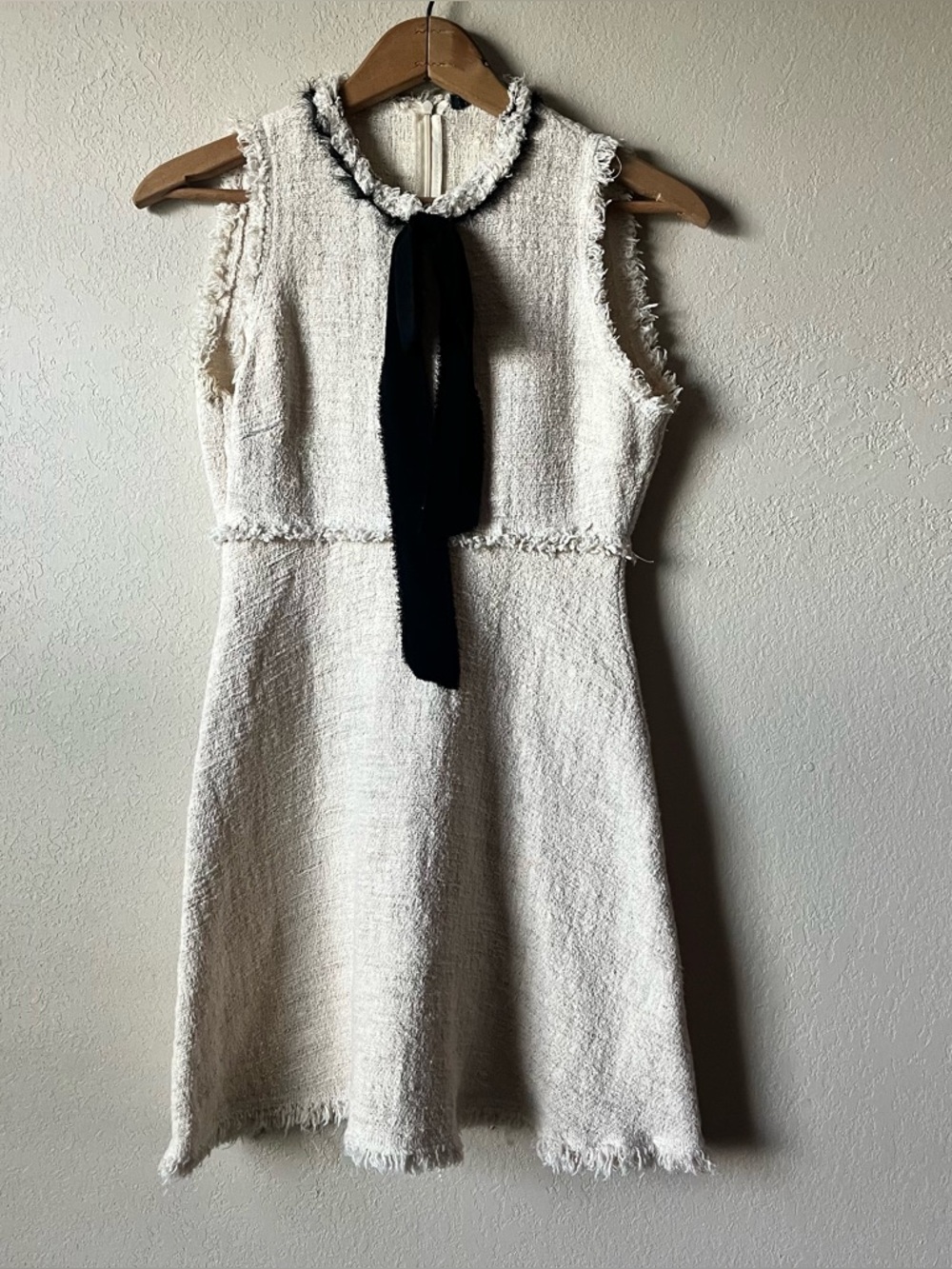 Zara Cream Bouclé Mini Dress with Black Neck Tie